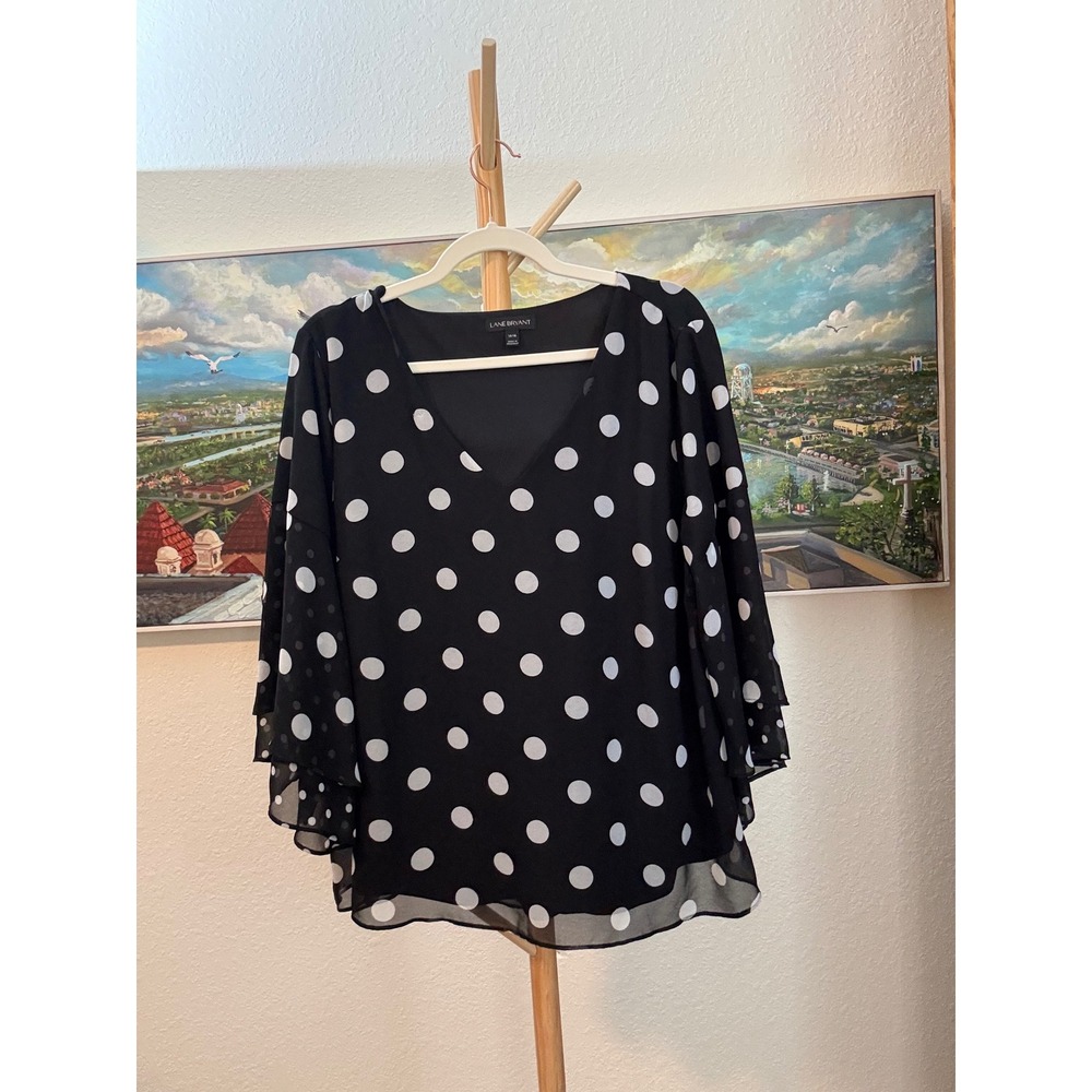 Lane Bryant Blouse Women 14/16 Black Excellent Polka Dot Flutter Sleeve V-Neck